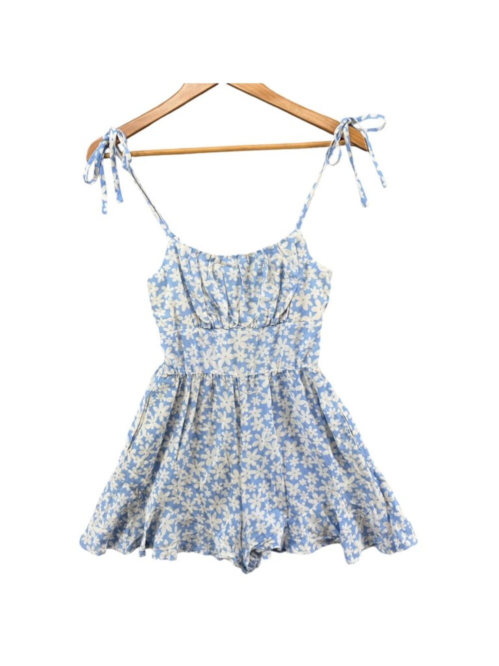 Lily Rose Ruffled Flounce Romper Girls Blue White Floral Smocked Pockets Size XS